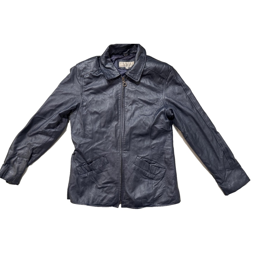 Vintage Mitrani Jacket Womens MED Blue Genuine Leather Zip Front Pockets Korea